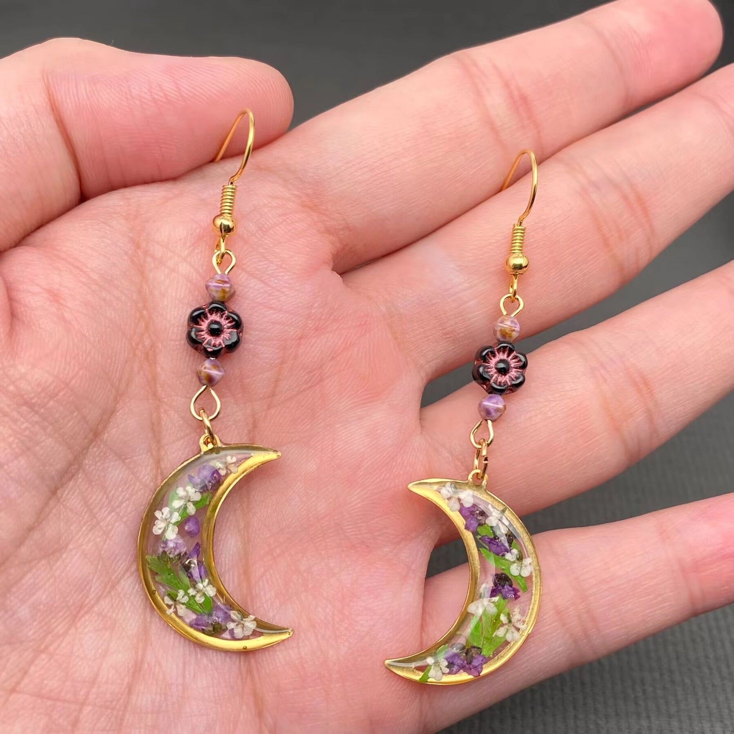18K Golden Dried Flower Moon Earrings