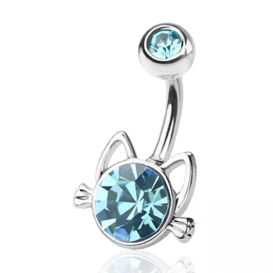 Kitty with Gem 316L Surgical Steel Belly Ring