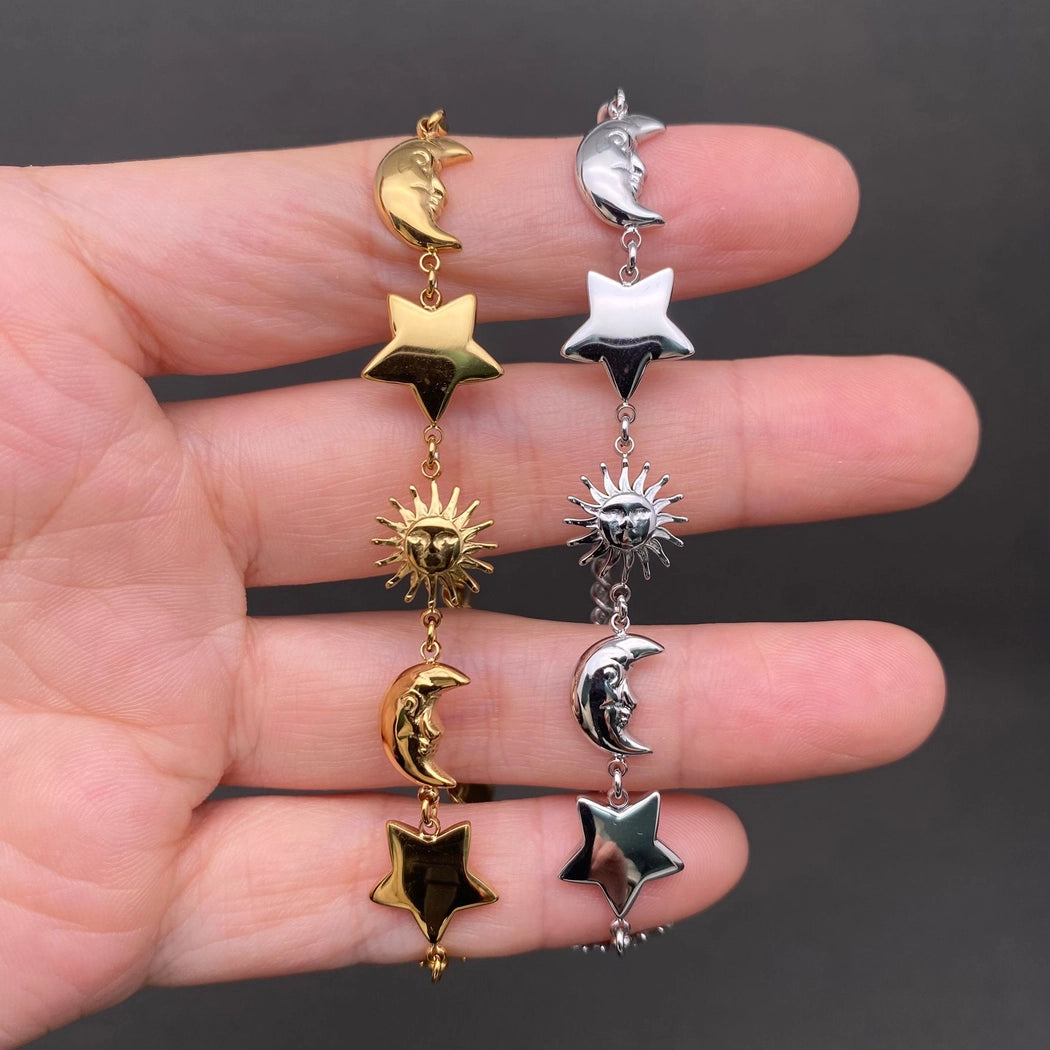 Glossy Sun Moon Star 18K Gold Plated Ss Bracelet