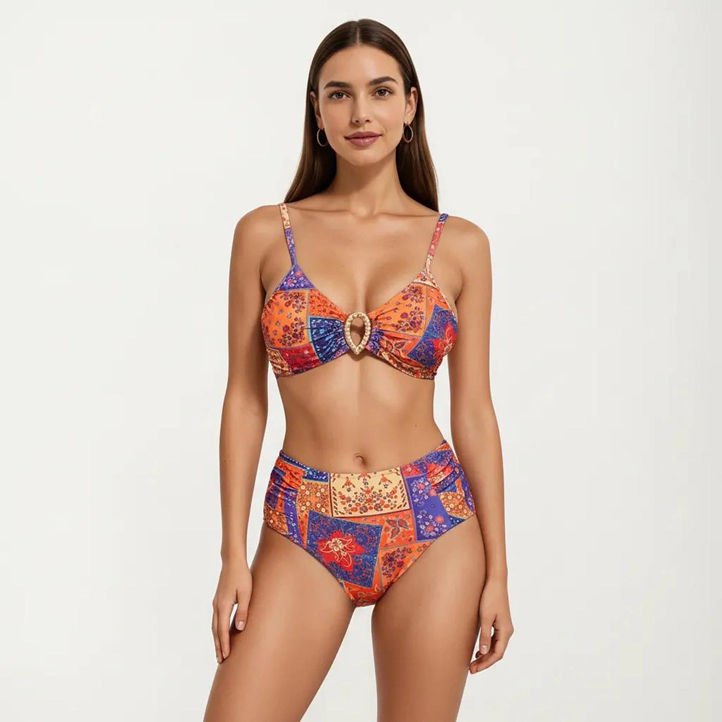 2-Piece High Waisted Bikini Set with Ring Detail and Patchwork