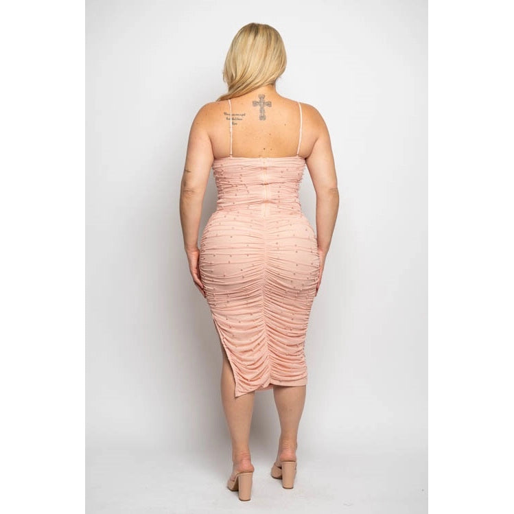 Plus Size Mesh Pearl Beaded Ruched Slit Midi Dress