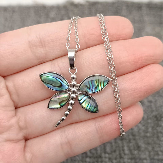Natural Abalone Shell Dragonfly Charm Necklace