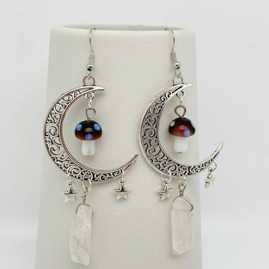 Hollow Moon Mushroom White Crystal Earrings