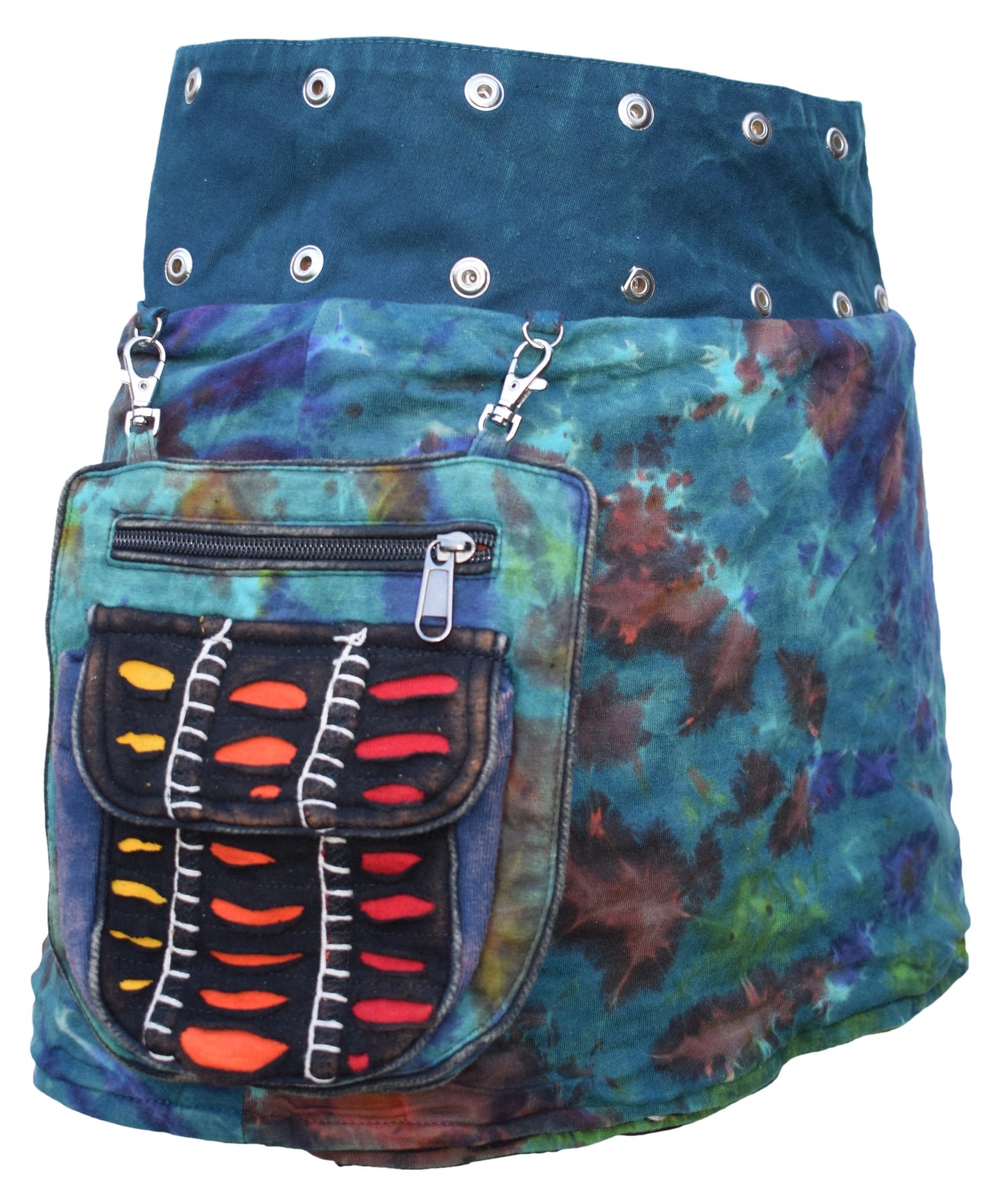 Reversible Cotton Boho Short Popper Mini Skirt Black Rainbow
