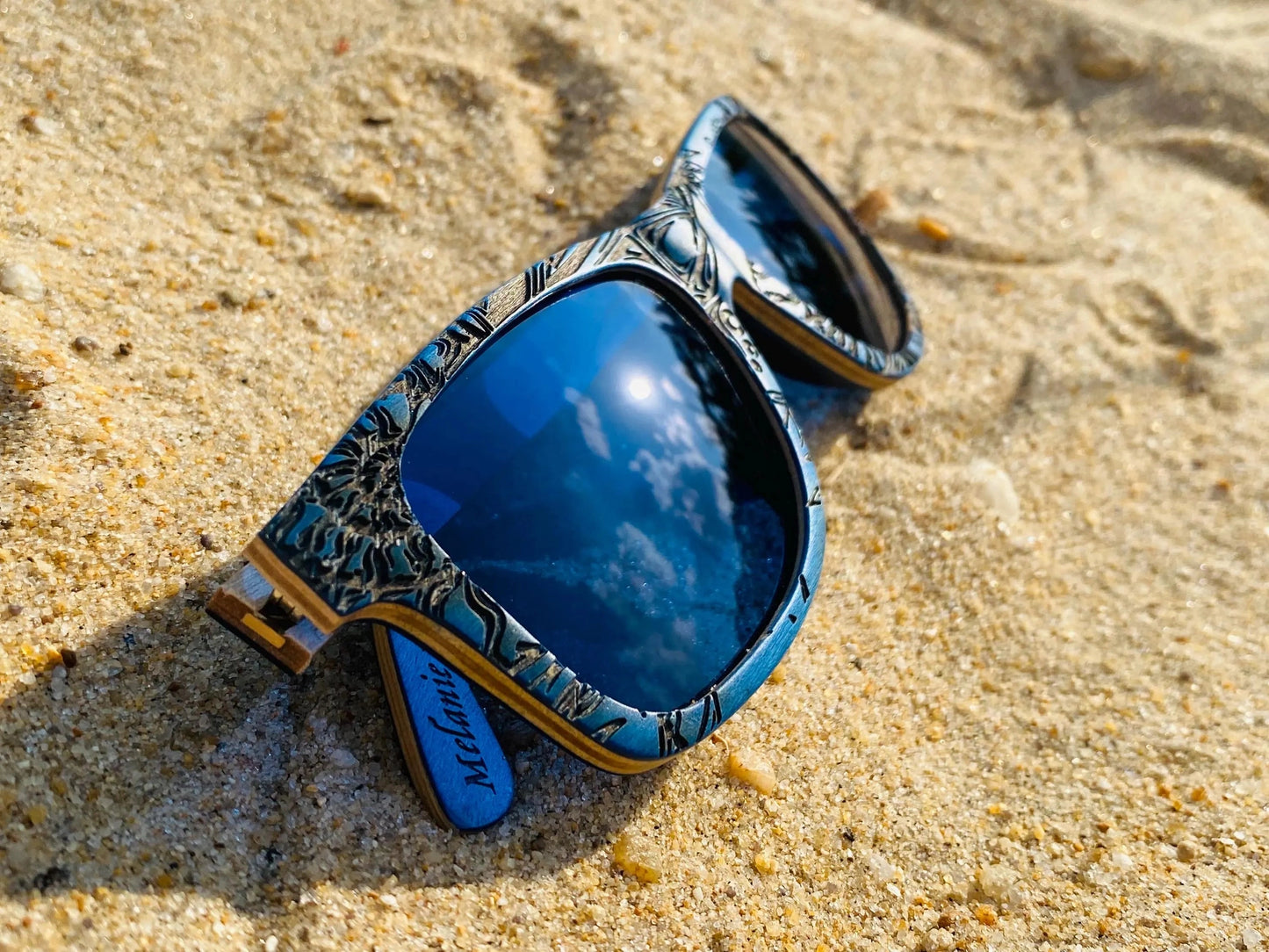 Blue Engraved Wooden Sunglasses - Limited Edition