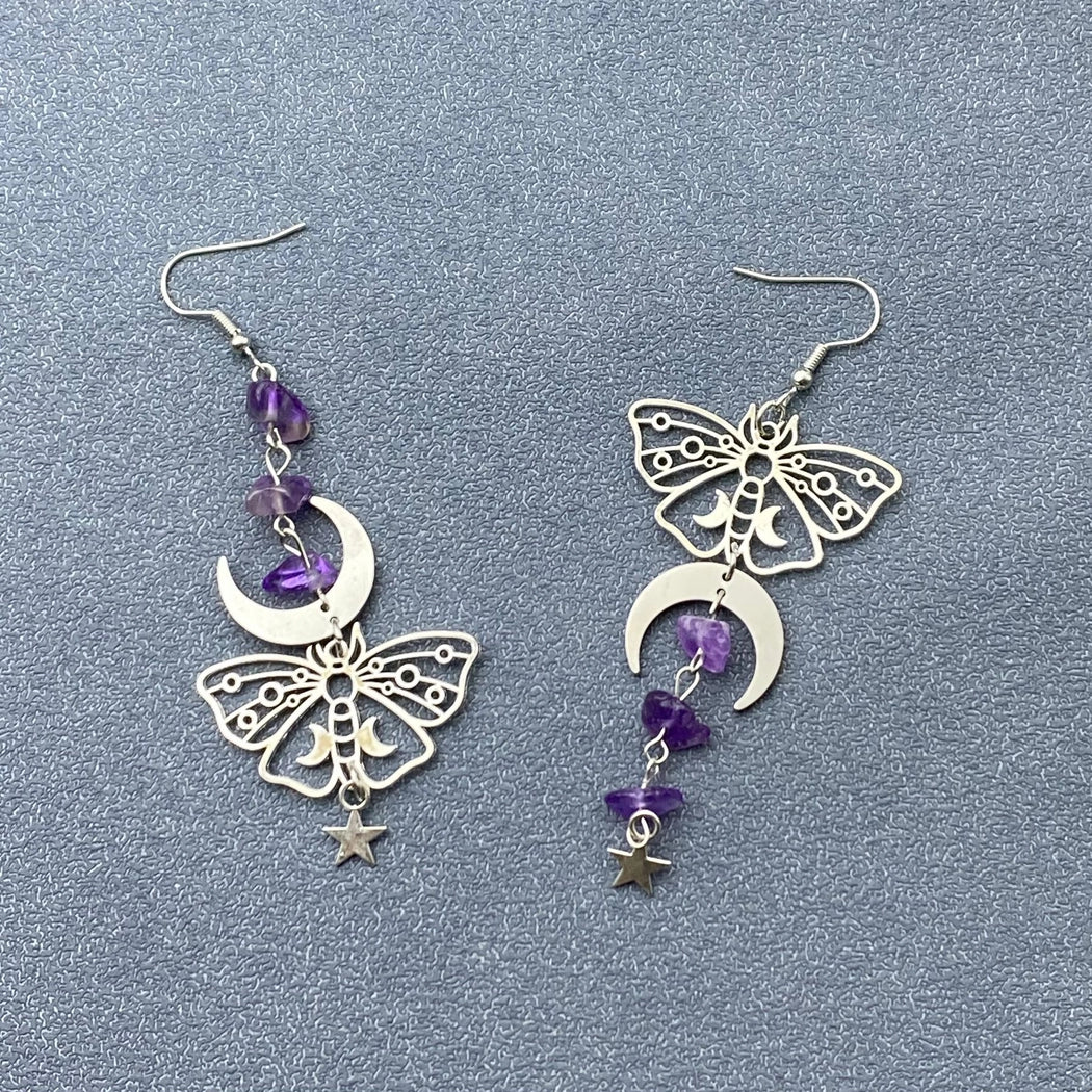 Asymmetric Moon Moth Dangle Earrings