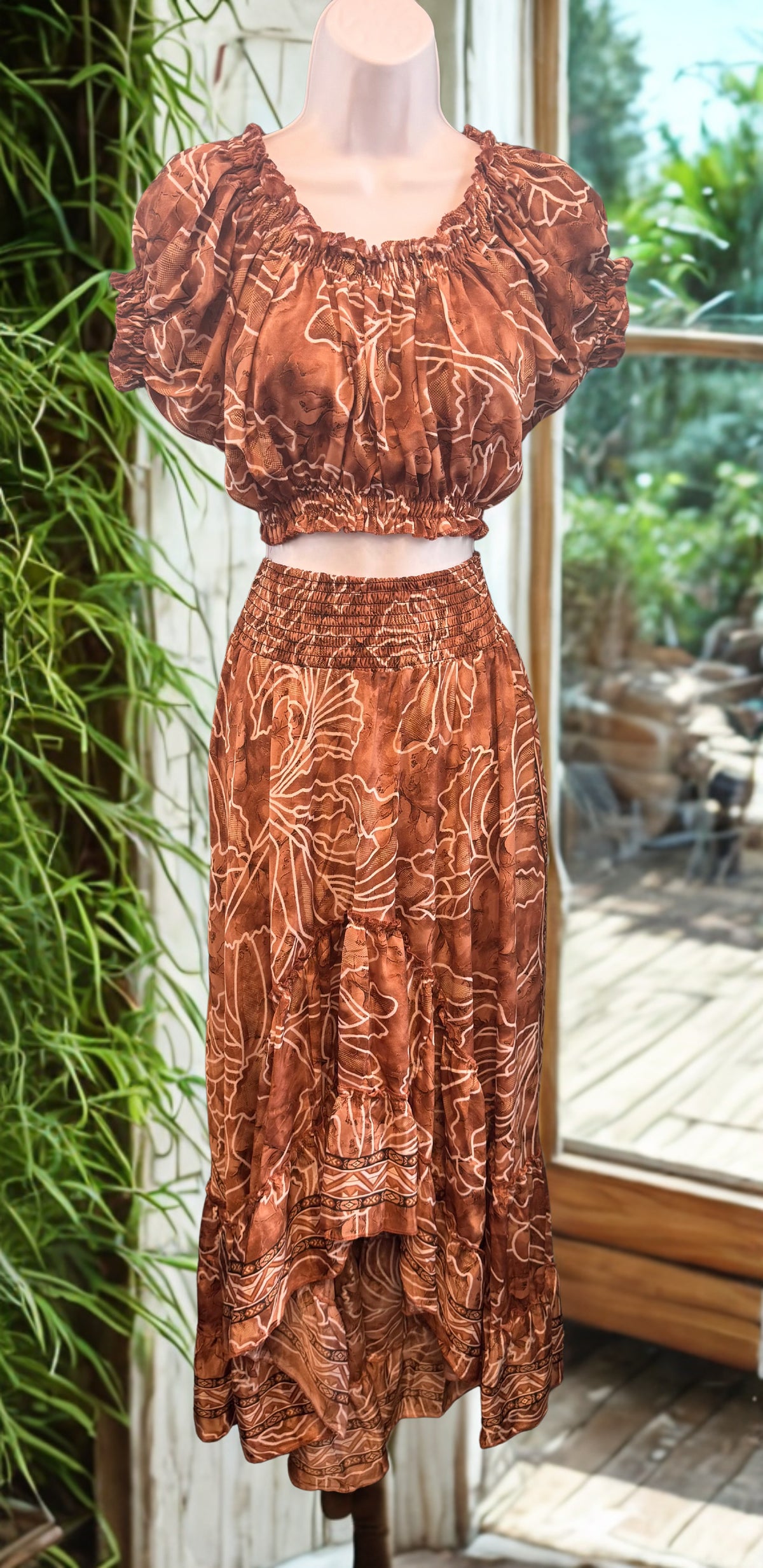 Two Piece Off Shoulder Top & Ruffle Printed Skirt Set