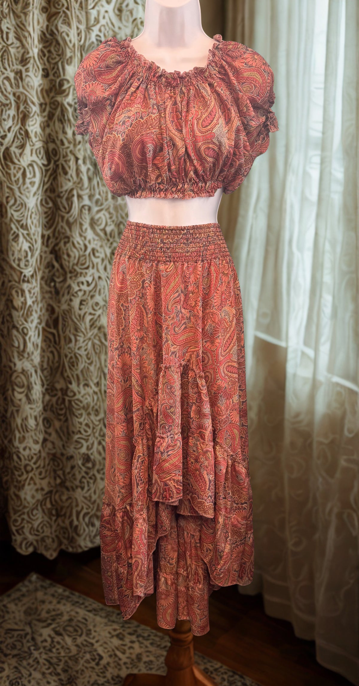 Two Piece Off Shoulder Top & Ruffle Printed Skirt Set