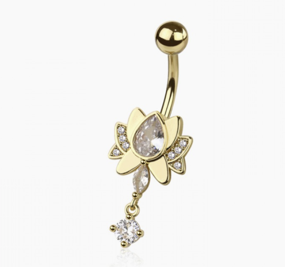 316L Surgical Steel CZ Lotus Belly Button Navel Ring