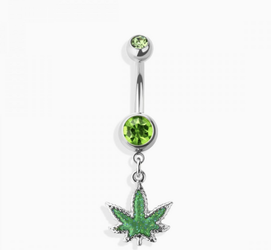 Glittered Marijuana Dangle 316L Ss Navel Ring