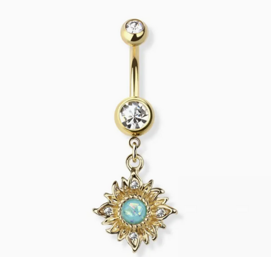 Opal Centered Flaming Dangle 316L Surgical Steel Ring
