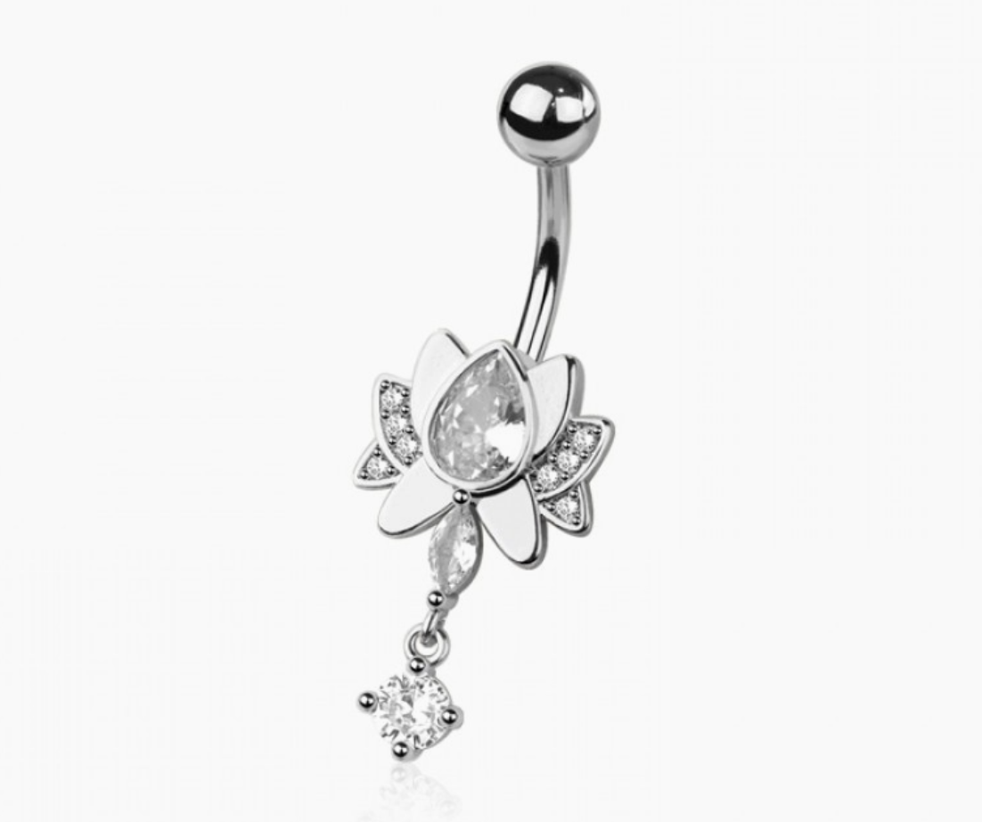 316L Surgical Steel CZ Lotus Belly Button Navel Ring
