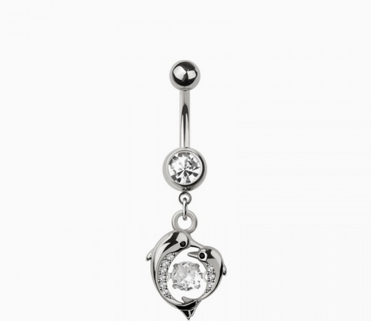 316L Surgical Steel Multi CZ Dolphin Heart Bezel Center