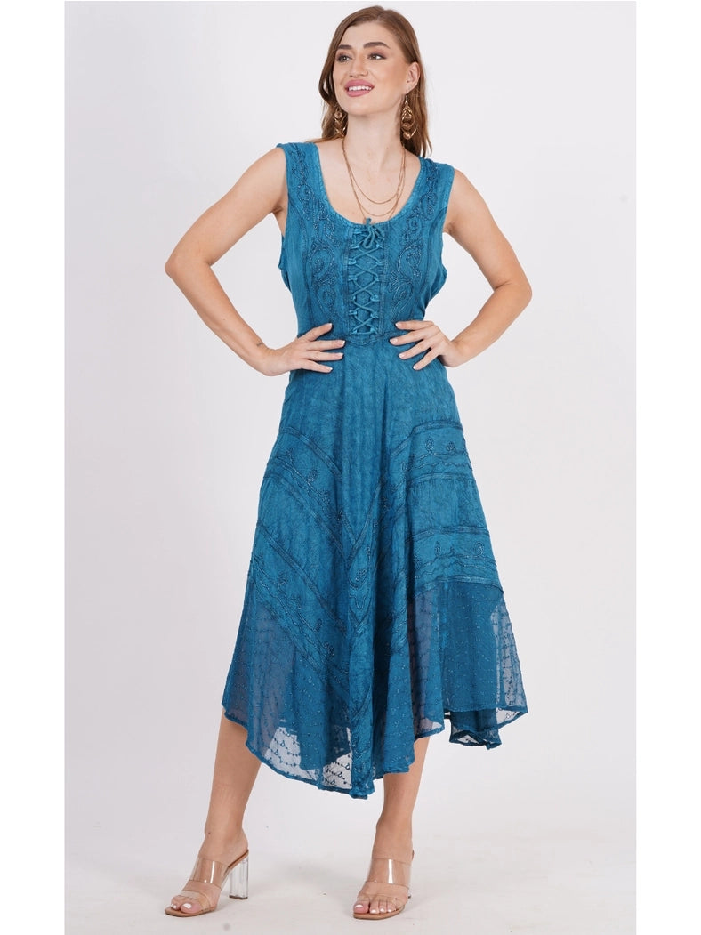 Women's Sleeveless Embroidered A-Line Back Drawstring Dress