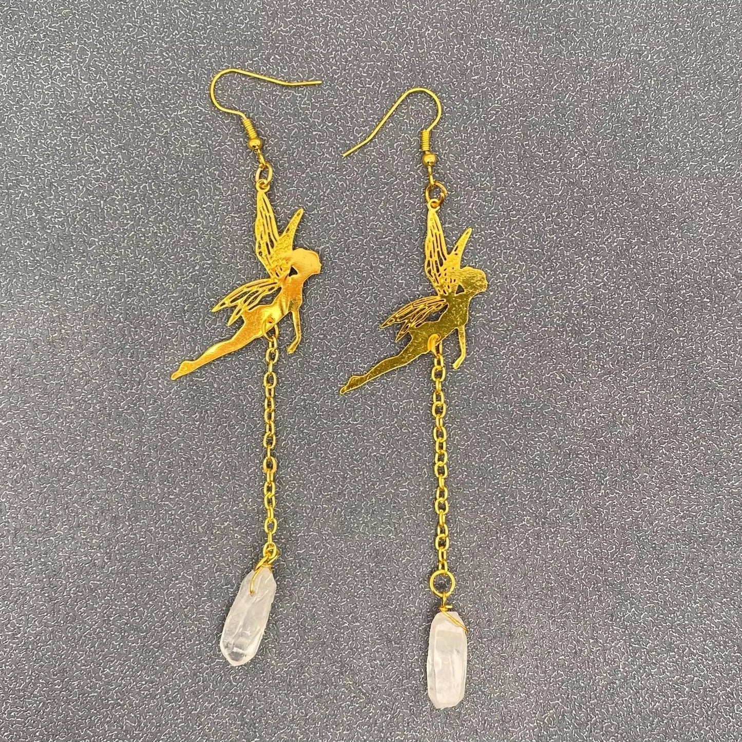 White Crystal Golden Elf Dangle Earrings
