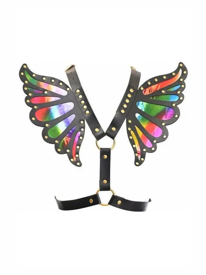Black Faux Leather & Rainbow Holo Butterfly Wing Harness