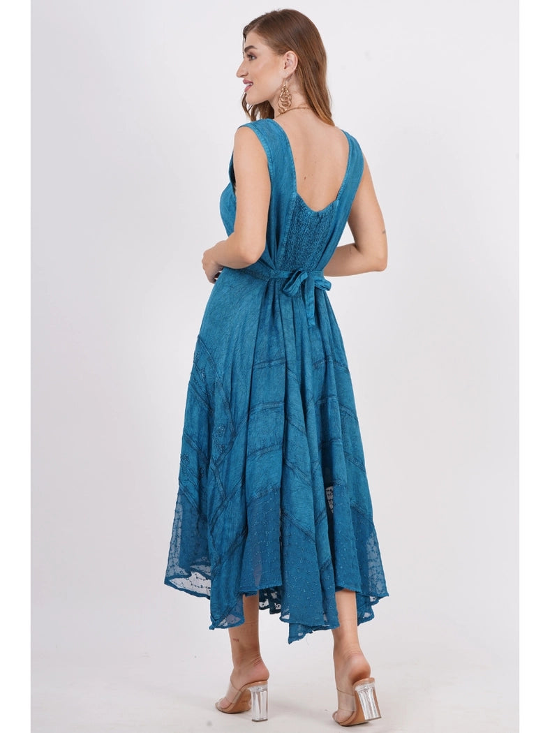 Women's Sleeveless Embroidered A-Line Back Drawstring Dress