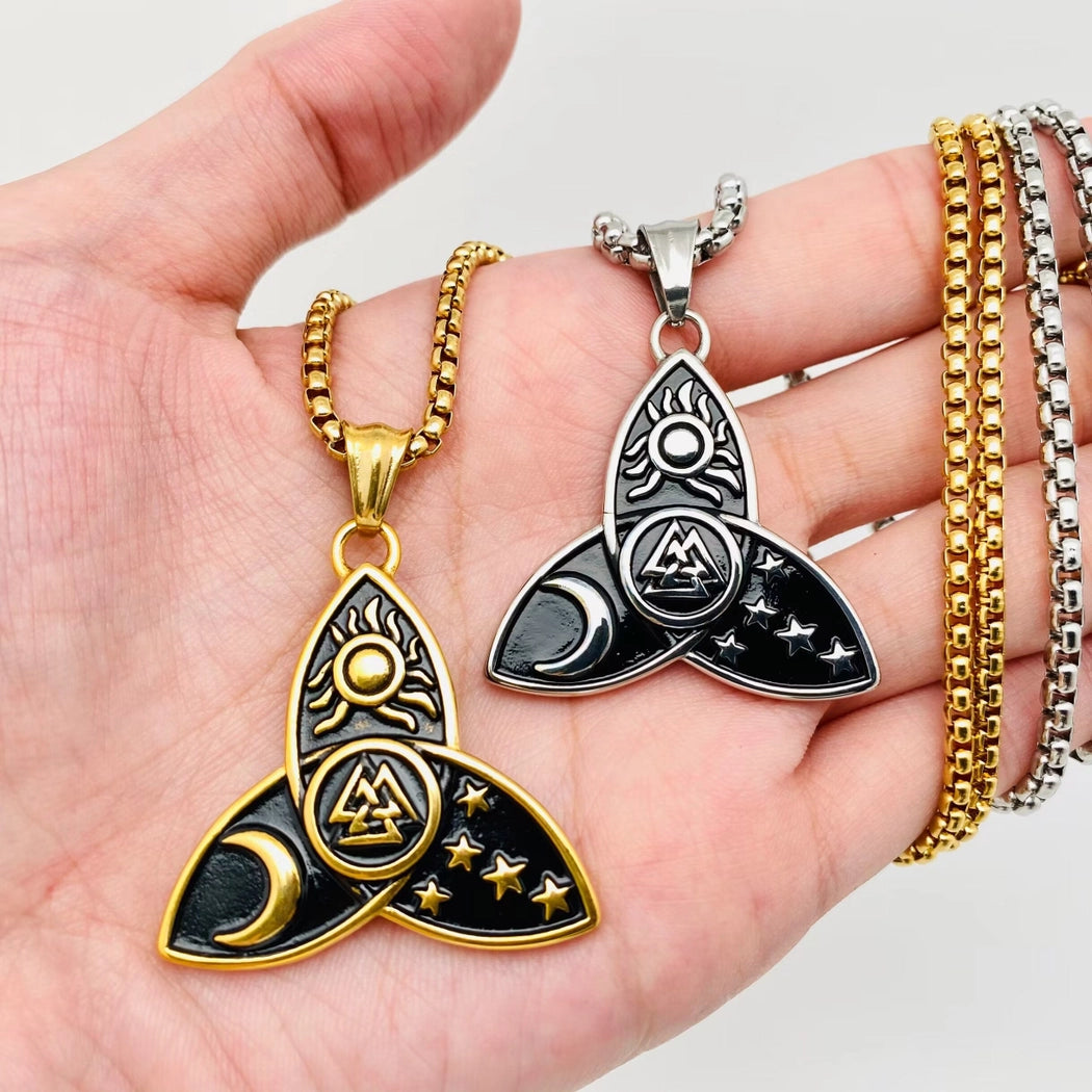 Sun Star Moon Valknut Stainless Steel Necklace