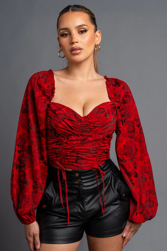 Floral Sweetheart Smocked Back Cropped Top