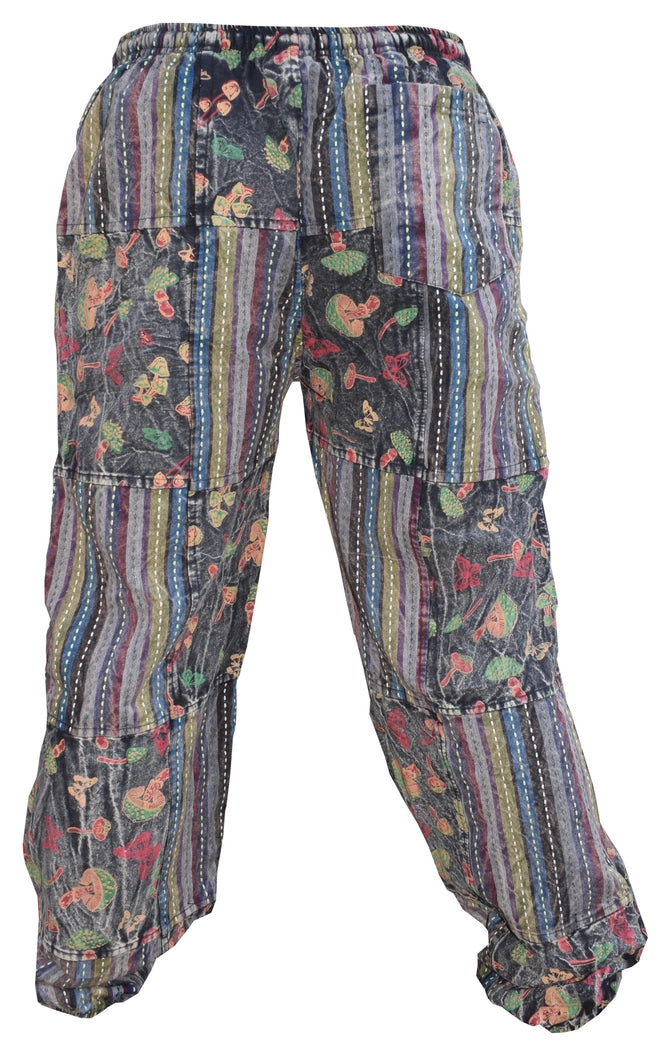 Mushroom Butterfly Print Cotton Patchwork Genie Pants