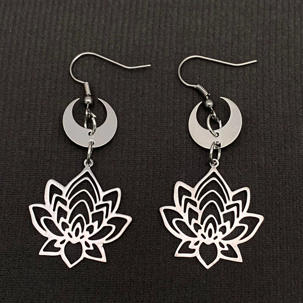 Hollow Lotus Moon Charm Dangle Earrings