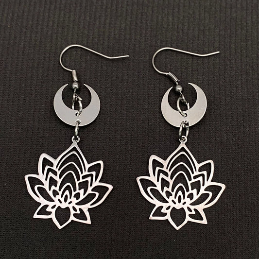 Hollow Lotus Moon Charm Dangle Earrings