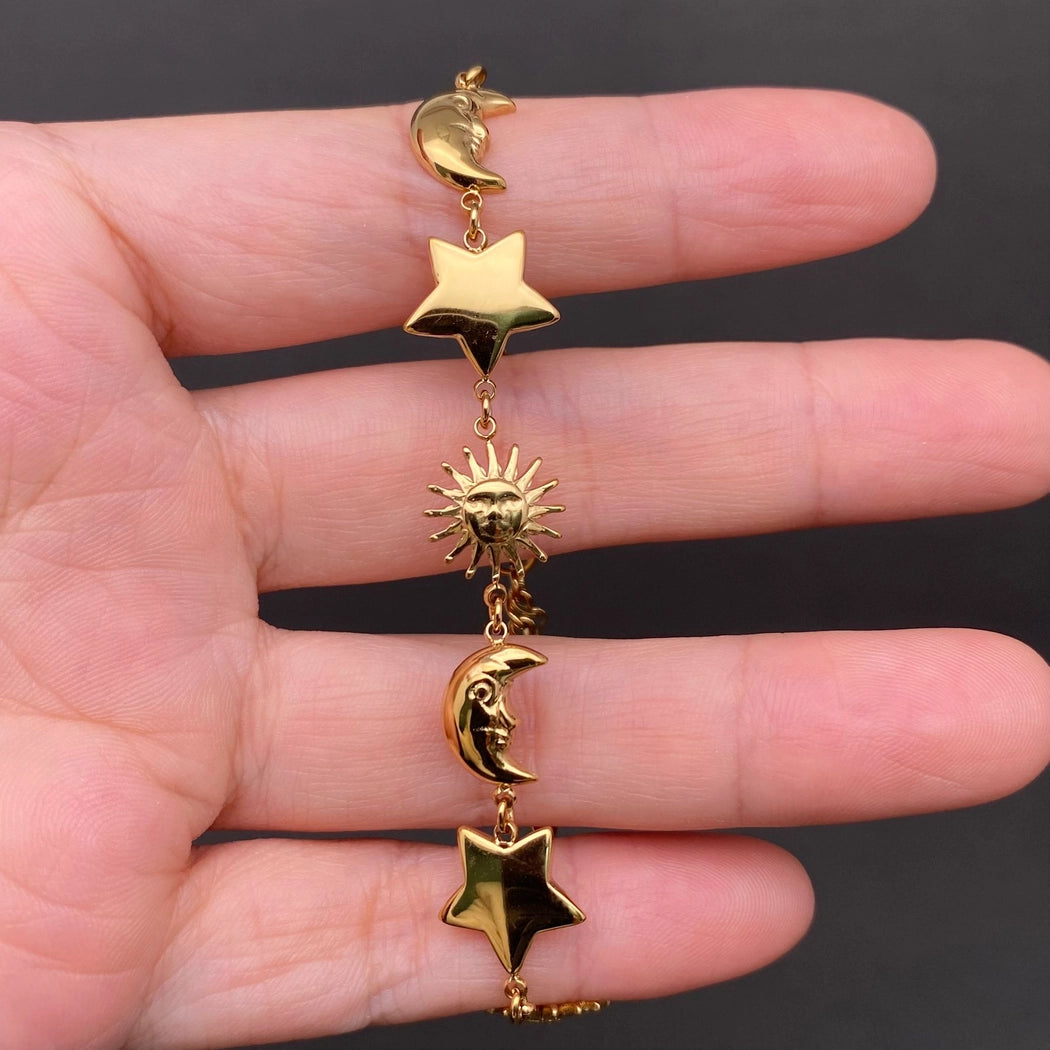 Glossy Sun Moon Star 18K Gold Plated Ss Bracelet