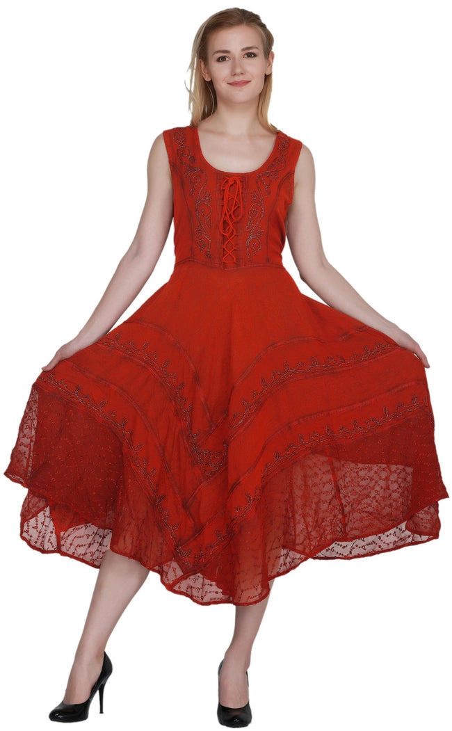 Women's Sleeveless Embroidered A-Line Back Drawstring Dress