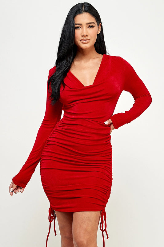 Deep Drape Cowl Neck, Side Ruched Mini Dress