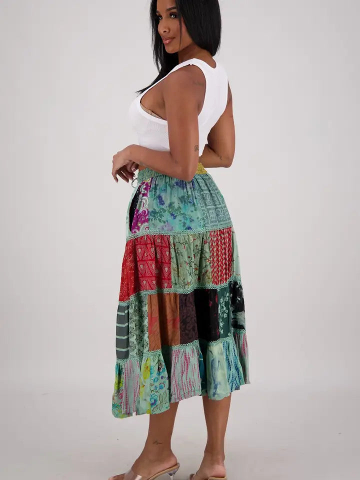 Boho Printed Rayon Midi Skirt