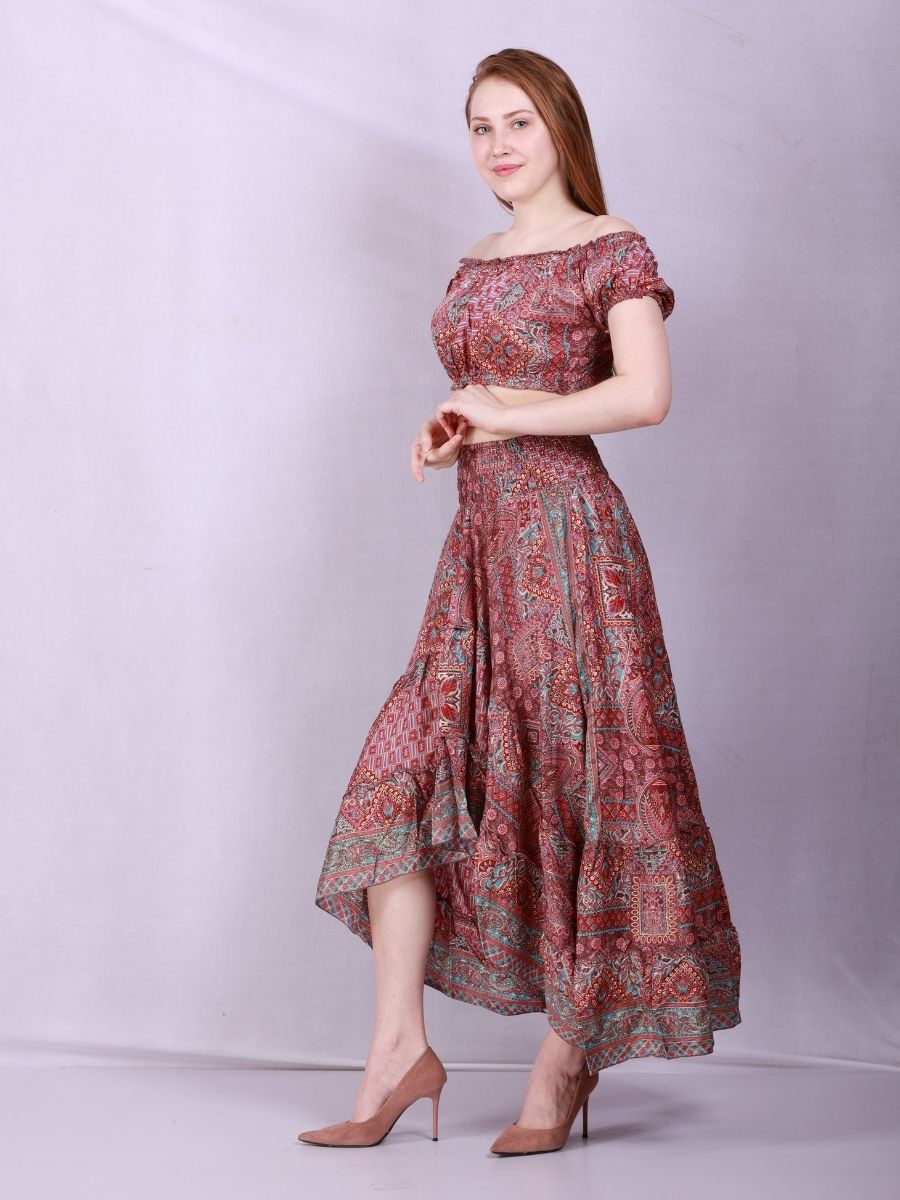 Two Piece Off Shoulder Top & Ruffle Printed Skirt Set