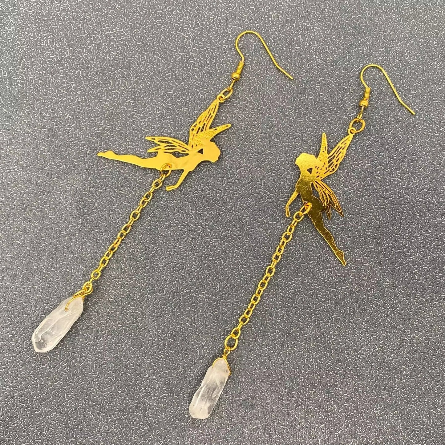 White Crystal Golden Elf Dangle Earrings