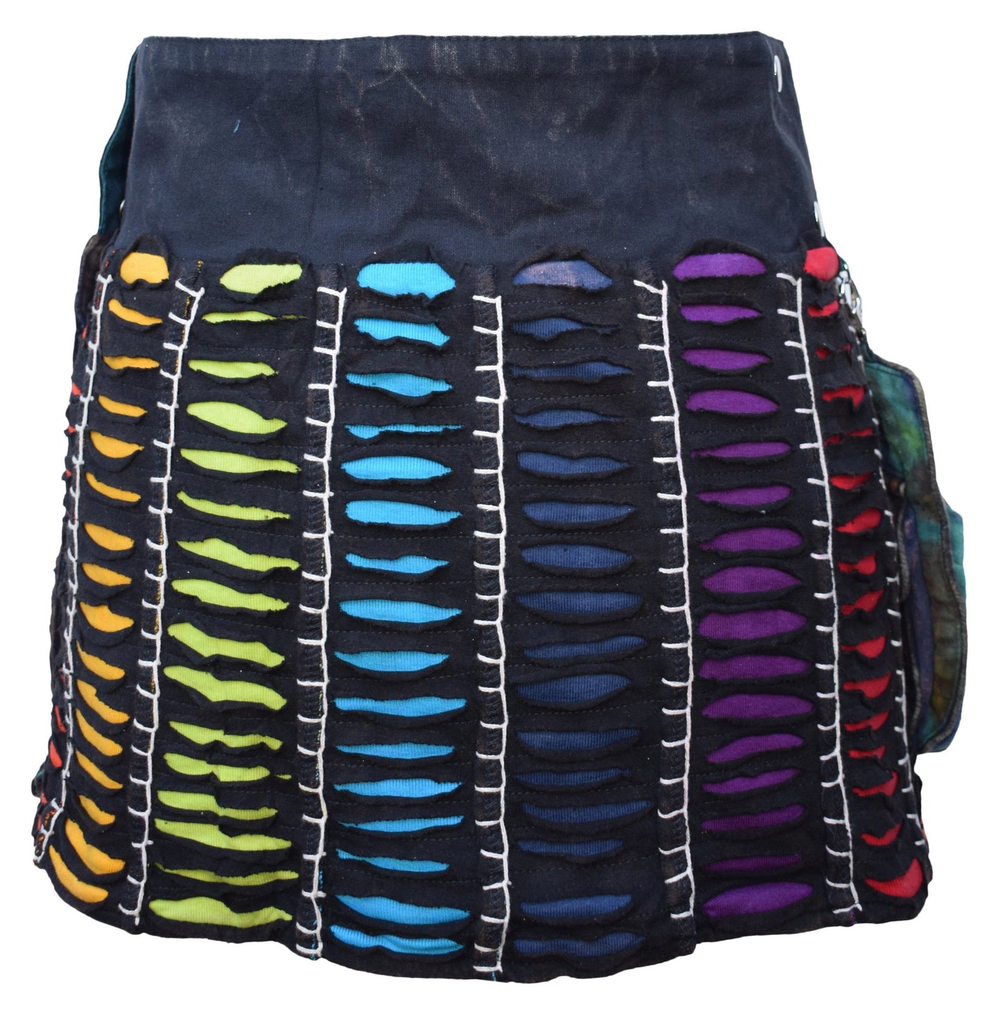 Reversible Cotton Boho Short Popper Mini Skirt Black Rainbow
