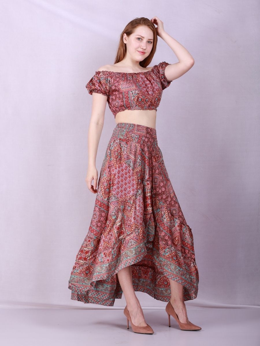 Two Piece Off Shoulder Top & Ruffle Printed Skirt Set