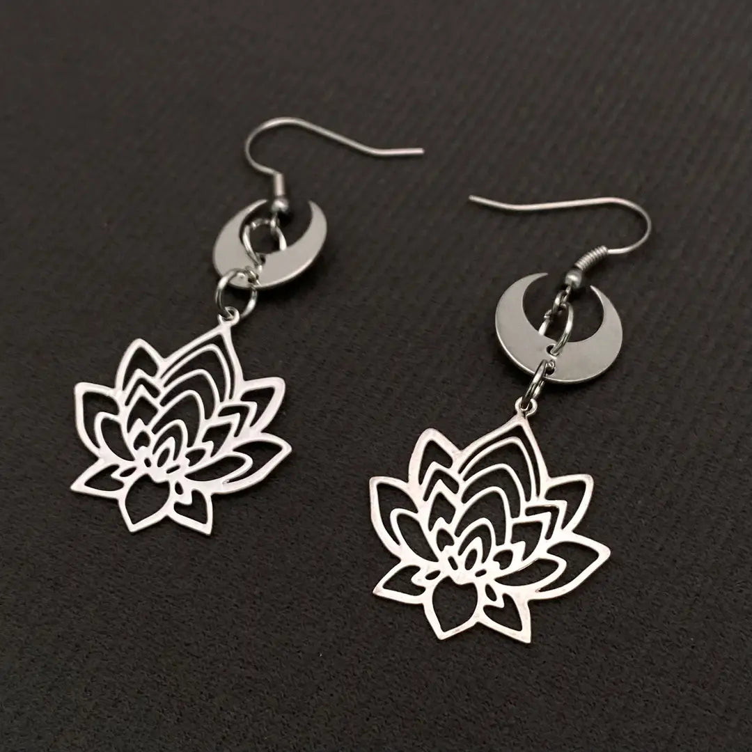 Hollow Lotus Moon Charm Dangle Earrings