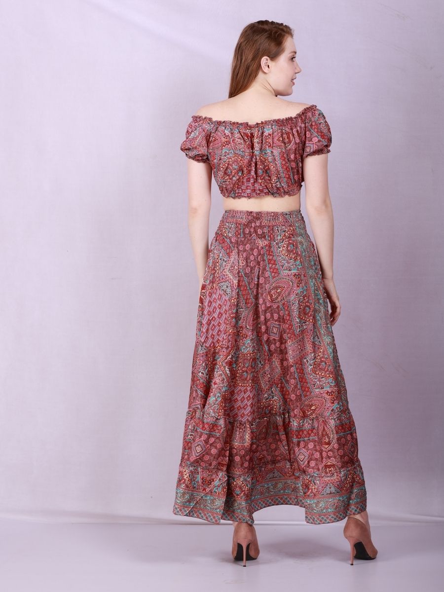 Two Piece Off Shoulder Top & Ruffle Printed Skirt Set
