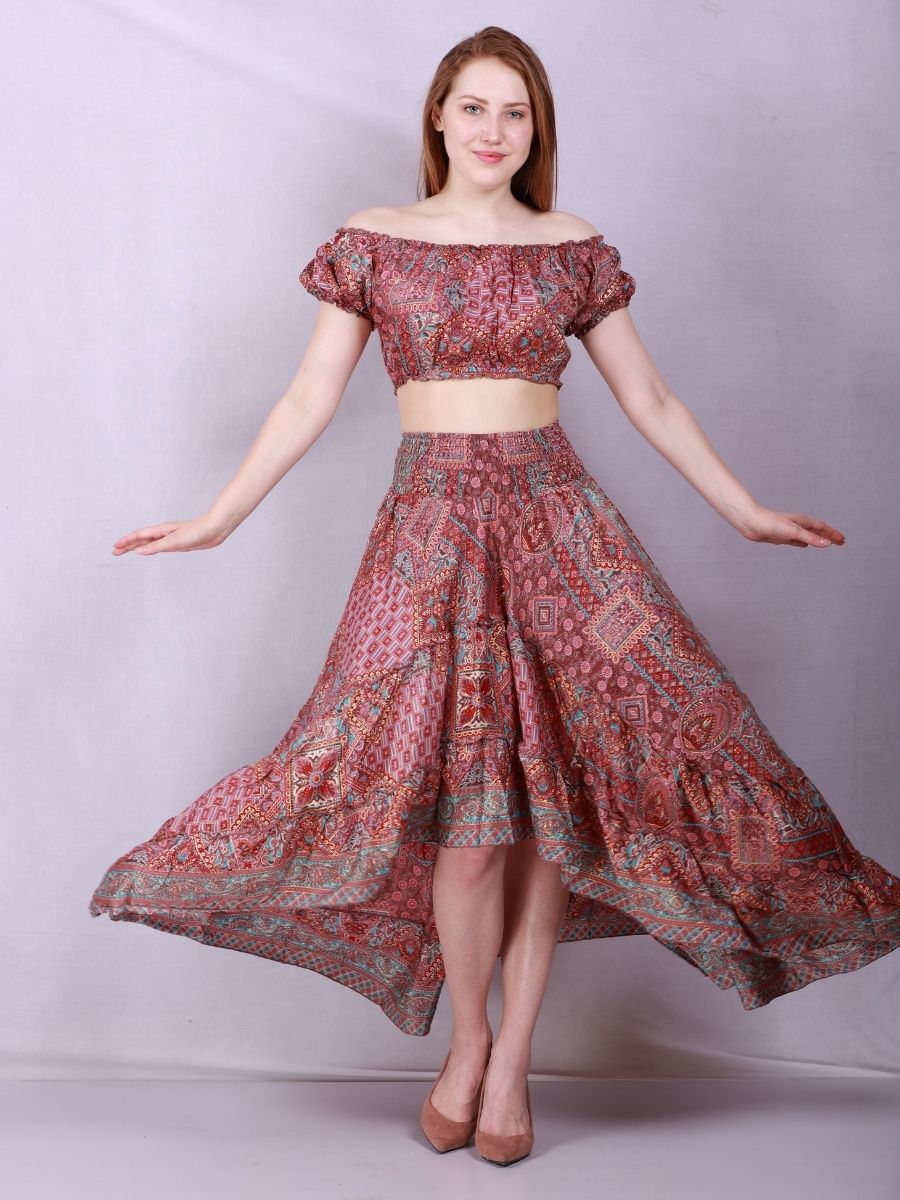 Two Piece Off Shoulder Top & Ruffle Printed Skirt Set