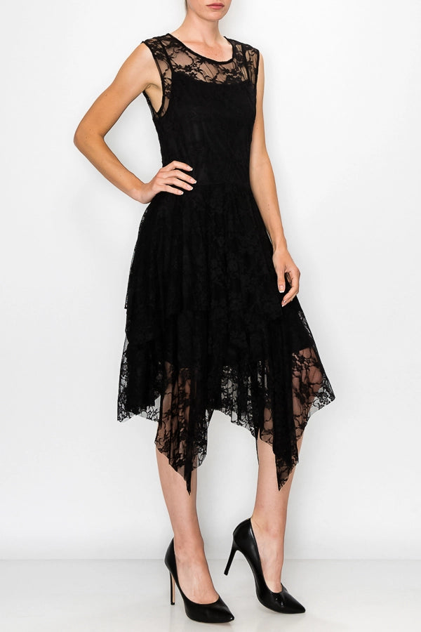 Whimsical Sleeveless Lace Midi Dress with Unattached Slip