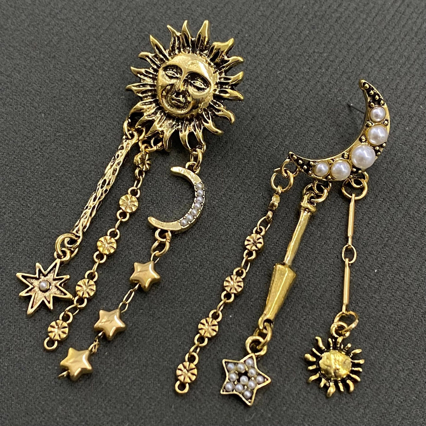 Star Fringe Asymmetric Sun Moon Post Earrings