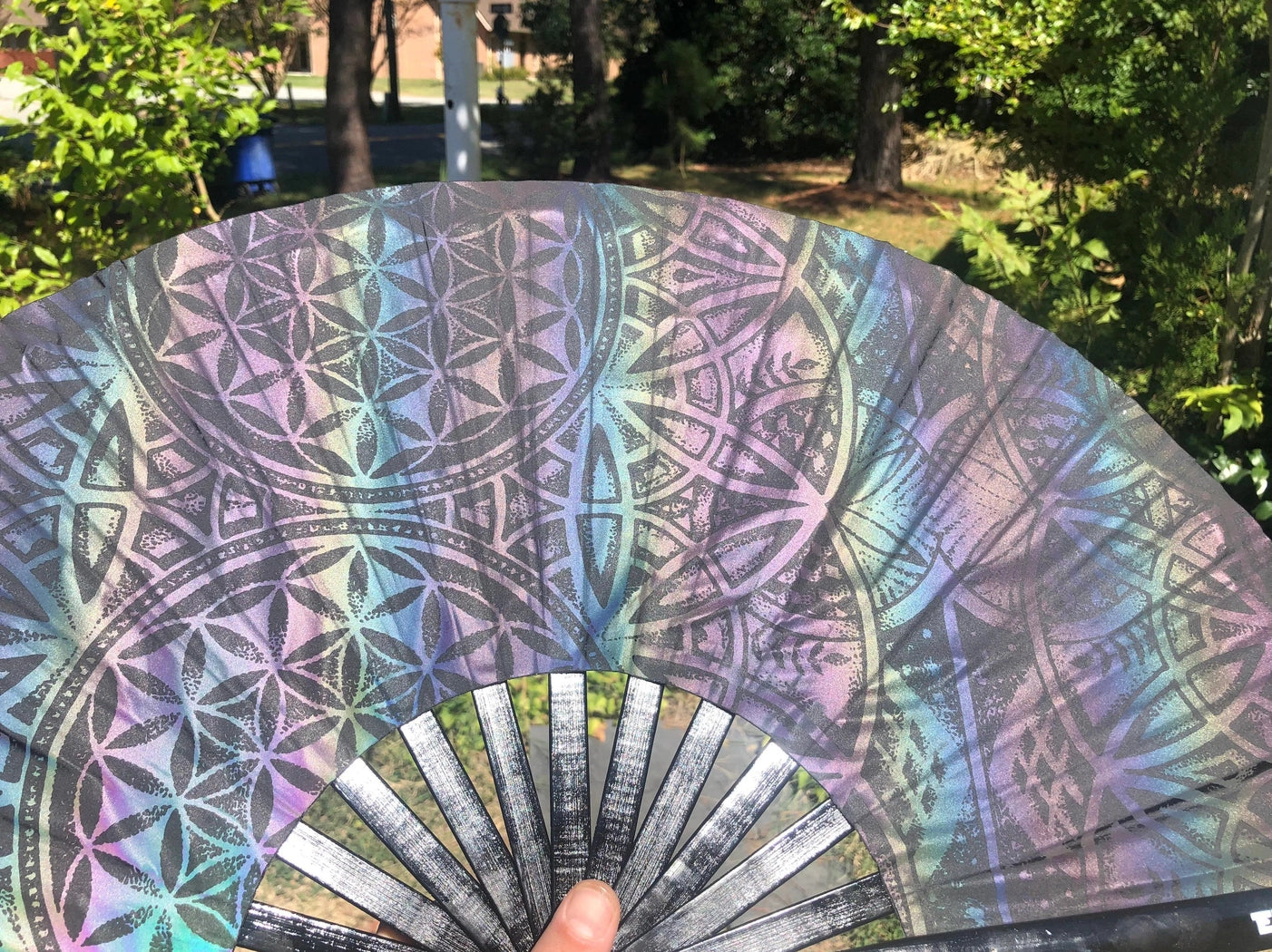 Large Dark Rainbow Reflective Sacred Geometry Fan