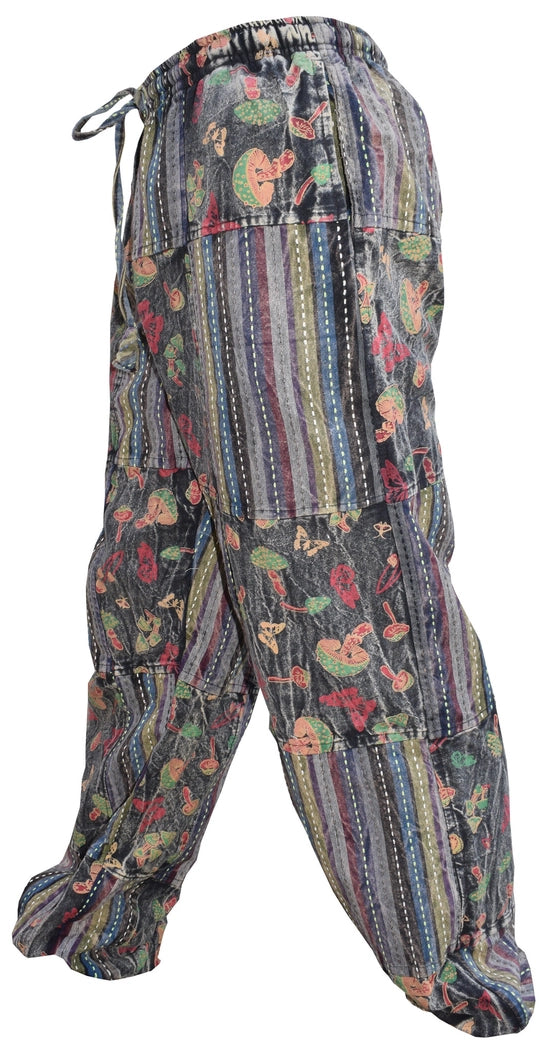 Mushroom Butterfly Print Cotton Patchwork Genie Pants