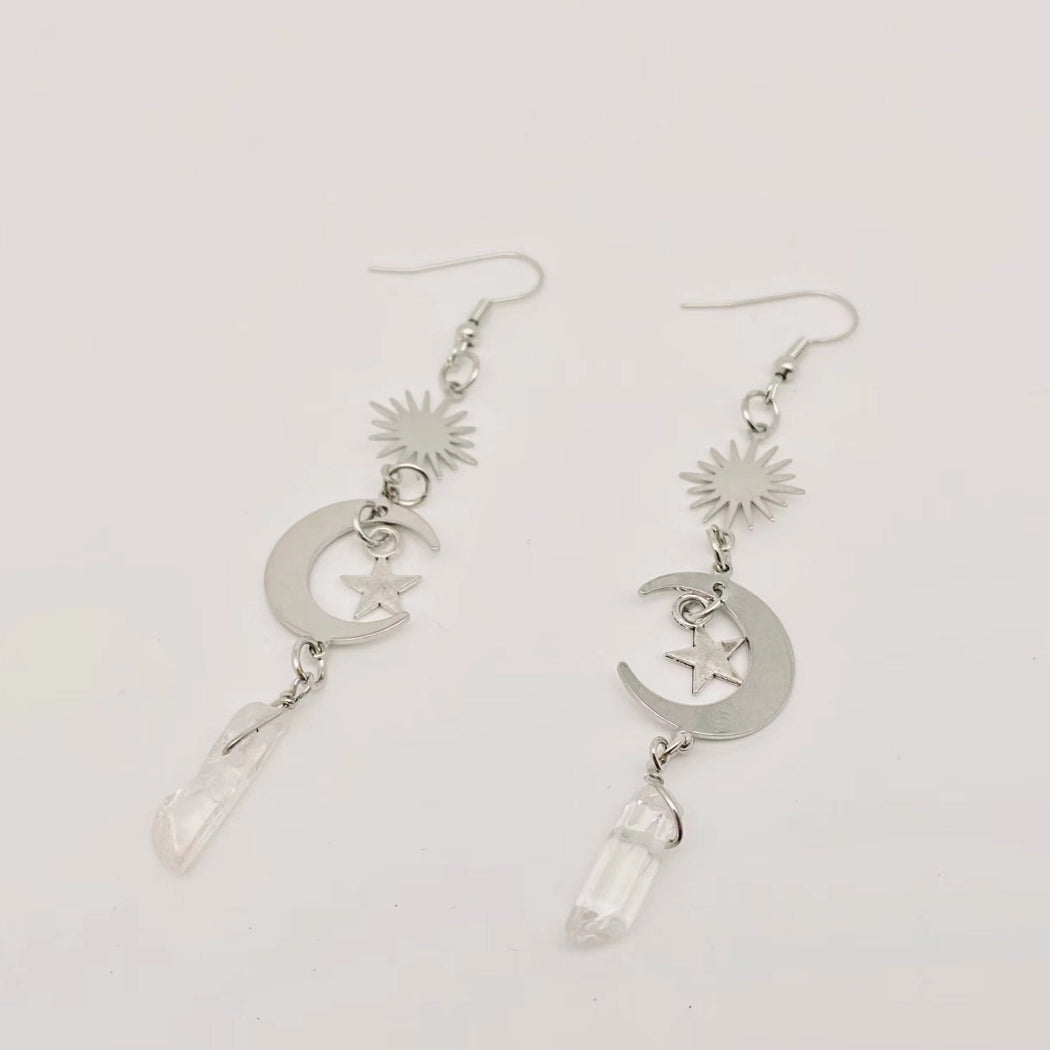Silver Moon Stars White Crystal Pendant Earrings