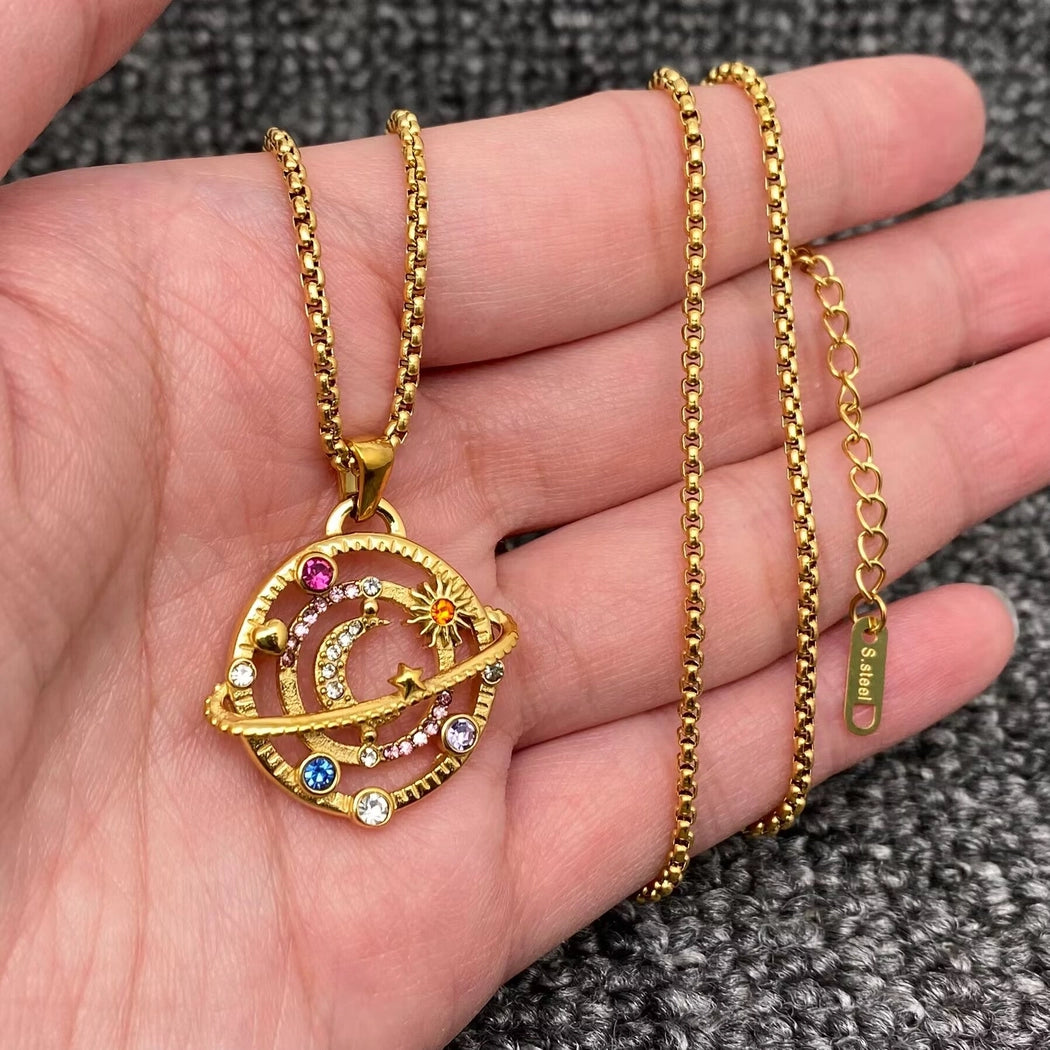 Star Moon Universe 18K Gold Plated Ss Necklace