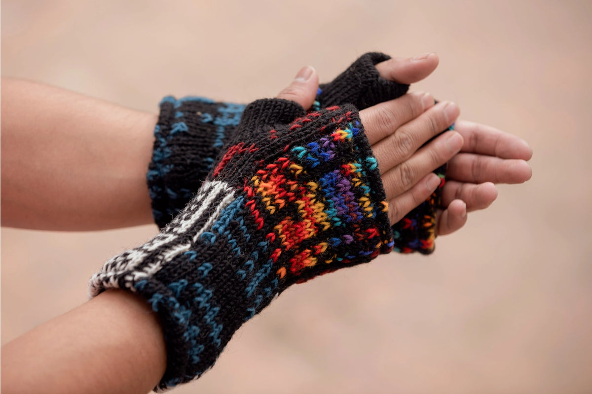 Woolen Fleece Lined Rainbow Fingerless Gloves