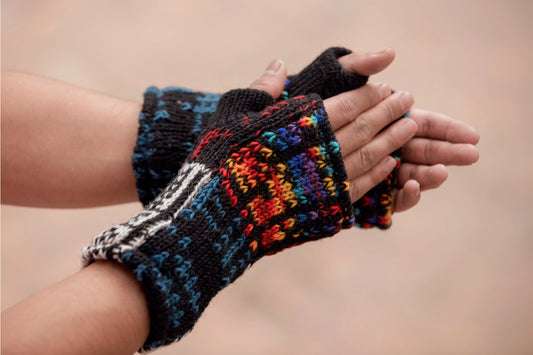 Woolen Fleece Lined Rainbow Fingerless Gloves