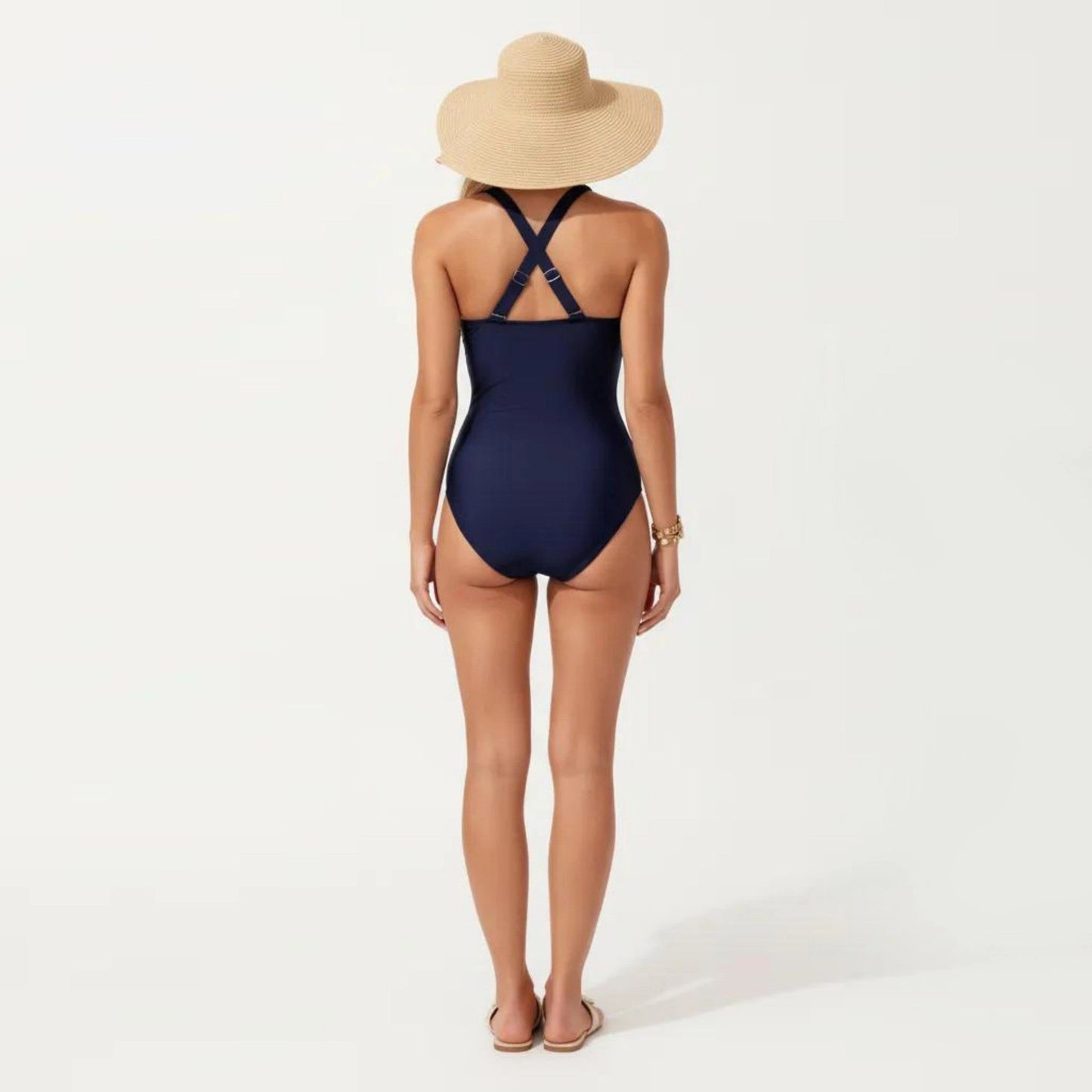 One Piece Swimsuit with Halter Neckline Ruched Front and Laser Cut Detail